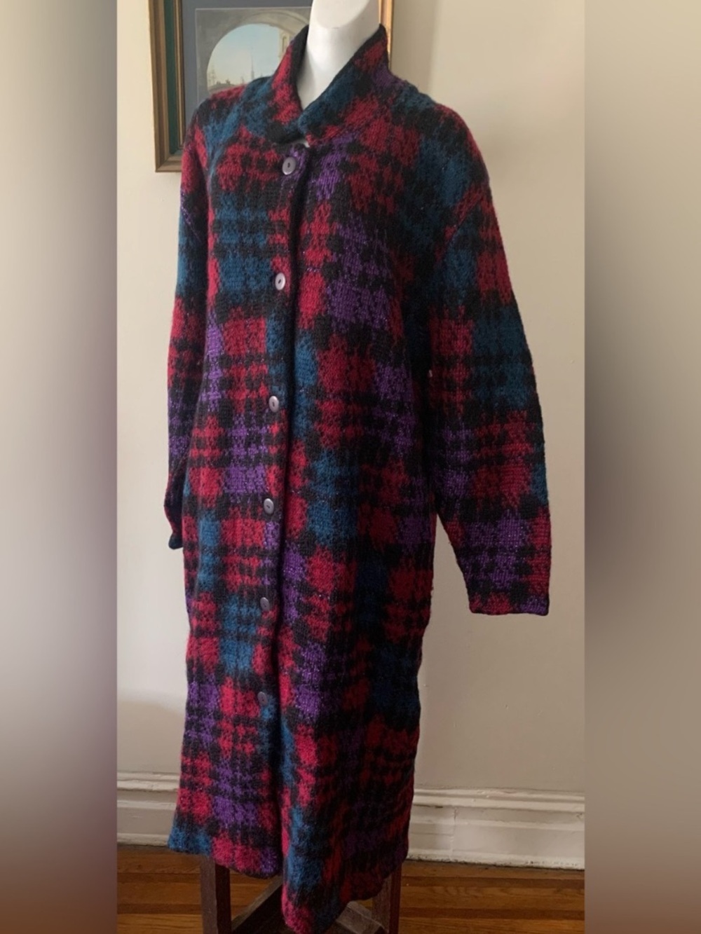 Vintage Cozy Plaid Mohair Wool Blend Knit Long Coat Cardigan Sweater - Multicolo